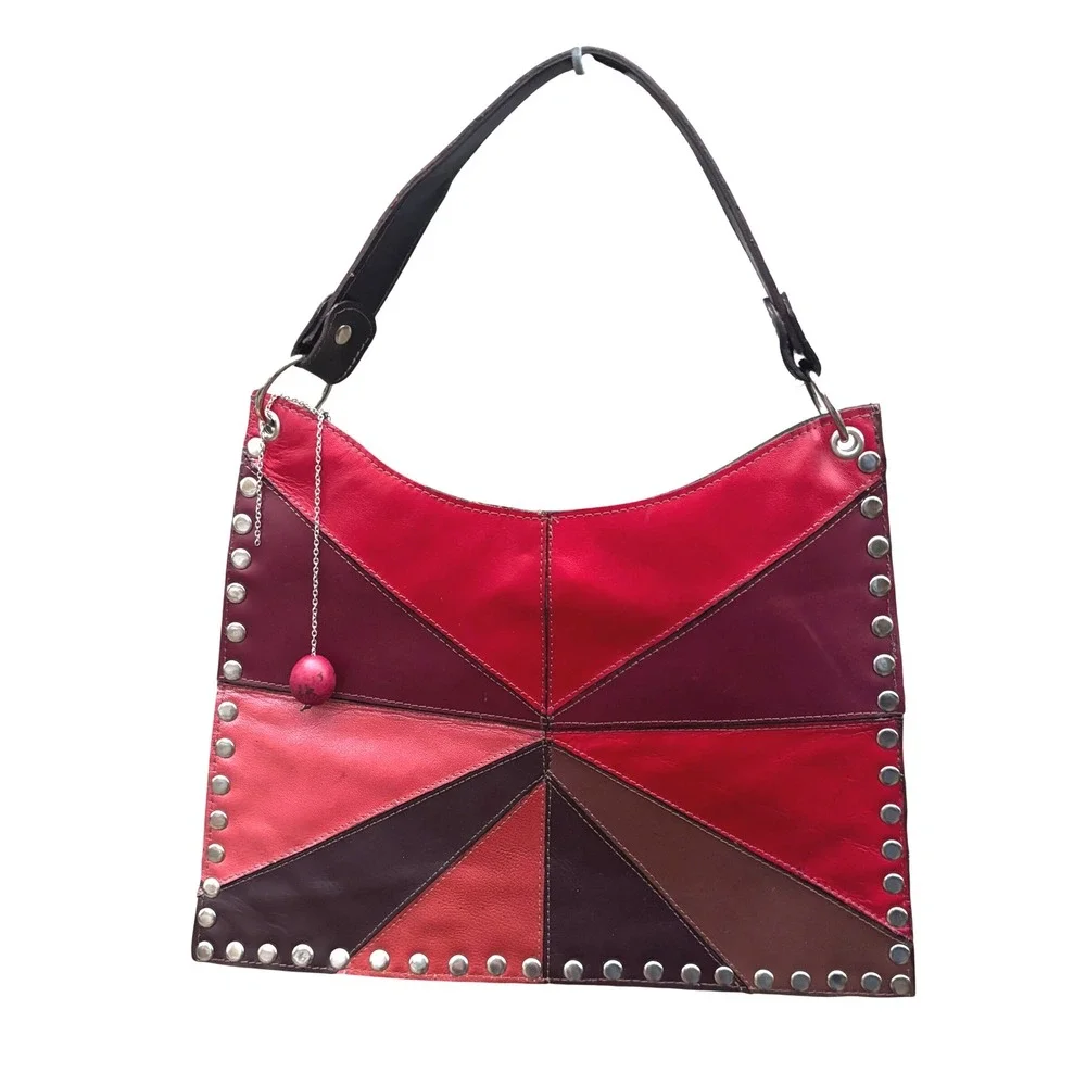 Patchwork Y2K Shoulder Bag Red Burgundy Brown‎ Studded Magnetic Snap